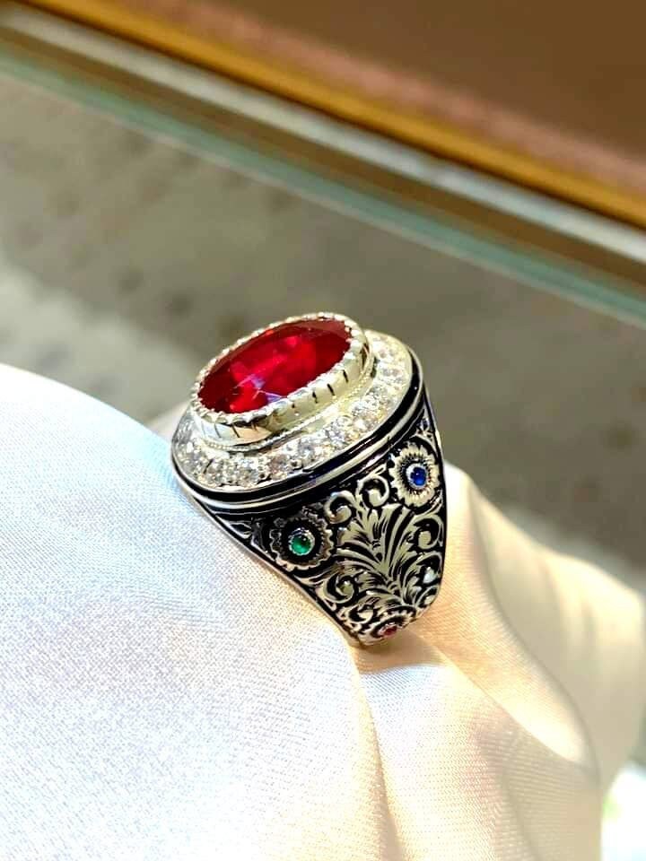 Stilvoller Anari Yaqoot Ring, Rubin Ring Mit Zirkon, Stickerei Handgefertigter 925K Sterling Silber Für Männer von YGemznJewelry