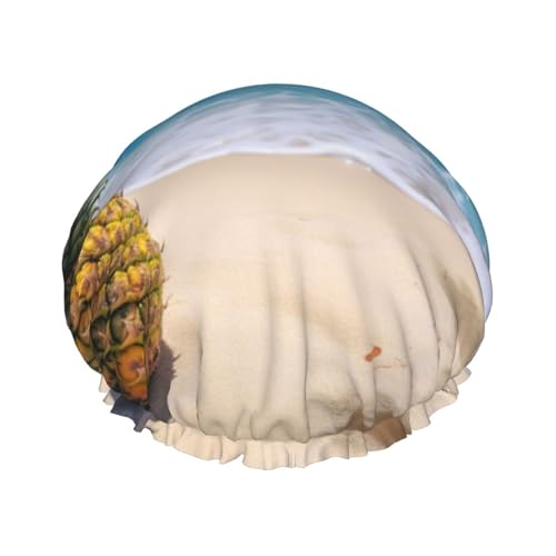 YHBLYKXP Ananas auf dem Sommer-Strand-Druck, verstellbare doppellagige Duschhaube, wiederverwendbare Damen-Spa-Salon-Duschhaube von YHBLYKXP
