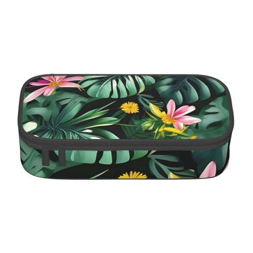 YHBLYKXP BD004 Tropische Blätter mit Blumen bedruckt große Kapazität Bürobox Schreibwaren Organizer Büro Kosmetiktasche schwarz von YHBLYKXP