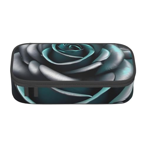 YHBLYKXP Blaugrün-graue Rose Blume gedruckt große Kapazität Bürobox Schreibwaren Organizer Büro Kosmetiktasche schwarz BD004 von YHBLYKXP