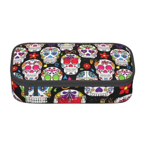 YHBLYKXP Bunte Blumenschädel, bedruckt, großes Fassungsvermögen, Bürobox, Schreibwaren-Organizer, Büro-Kosmetiktasche von YHBLYKXP