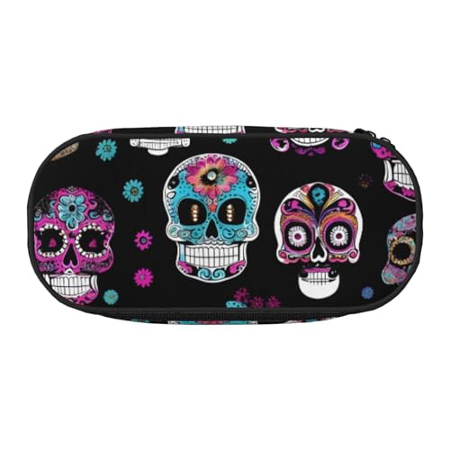 YHBLYKXP Federmäppchen aus Oxford-Stoff mit bunten Totenköpfen und geordneten Netzfächern – eine praktische Wahl für Reisen von YHBLYKXP