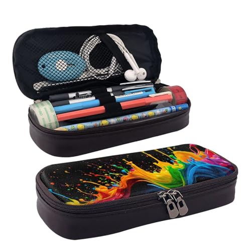 YHBLYKXP Federmäppchen mit Farbspritzer-Hintergrund, Lederklappe, Kosmetik-Organizer, Münzgeldbörse mit Reißverschluss von YHBLYKXP