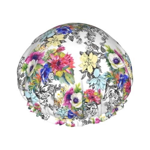 YHBLYKXP Garden Blossoming Wildflowers Birds Leaves Branches Print Adjustable Double Layer Shower Cap, Reusable Women Spa Salon Shower Cap von YHBLYKXP