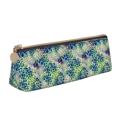 YHBLYKXP Grüner Leopardenmuster, dreieckige Leder-Schreibwaren-Aufbewahrungstasche, tragbare Make-up-Tasche, tägliche Aufbewahrung kleiner Gegenstände von YHBLYKXP