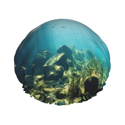 YHBLYKXP Ruhige Unterwasserlandschaft Druck verstellbare doppellagige Duschhaube, wiederverwendbare Damen-Spa-Salon-Duschhaube von YHBLYKXP