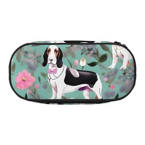 YHBLYKXP Sweet Basset Hound Florals Print Oxford Tuch Federmäppchen mit geordneten Netzfächern – eine praktische Wahl für Reisen von YHBLYKXP