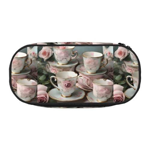 YHBLYKXP Teetassen mit Rosen Romantischer Druck Oxford Tuch Federmäppchen mit geordneten Netzfächern - eine praktische Wahl oder Reise von YHBLYKXP