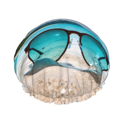 YHBLYKXP Tropischer Ozean-Strand-Themen-Druck, verstellbare doppellagige Duschhaube, wiederverwendbare Damen-Spa-Salon-Duschhaube von YHBLYKXP