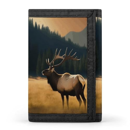 YHEGBFD Geldbörse, Elch auf der Wiese, dreifach gefaltete Geldbörse, Geldbörse mit Schlüsselring, blockierend, dreifach gefaltet, schlank und schlank für Damen und Herren, Elch auf der Wiese, von YHEGBFD