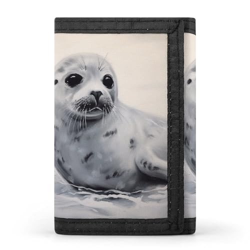 YHEGBFD Geldbörse, Harfen-Siegel-Malerei, dreifach gefaltete Geldbörse, Geldbörse mit Schlüsselring, blockierend, dreifach gefaltet, schlank und schlank für Männer und Frauen, Harfen-Siegelmalerei, von YHEGBFD