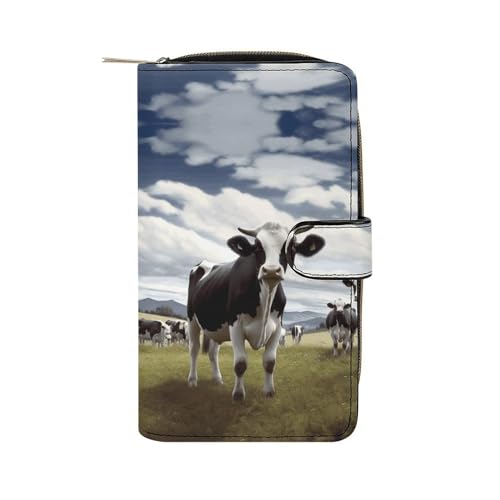 YHEGBFD Geldbörse aus Leder, Motiv: Bauernhof, Kuhbilder, stilvolle Geldbörse, Reißverschluss, Geldbörse für Männer und Frauen, Echtleder, Taschengeldbörse, 19,7 x 11 x 3,5 cm, Bauernhof-Kuhbilder, von YHEGBFD