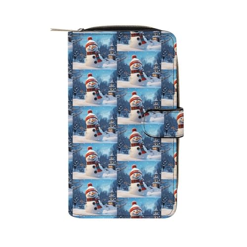 YHEGBFD Geldbörse aus Leder mit fröhlichem Schneemann-Aufdruck, stilvolle Geldbörse mit Reißverschluss, für Männer und Frauen, Echtleder, Taschengeldbörse, 19,7 x 11 x 3,5 cm, fröhlicher Schneemann, von YHEGBFD