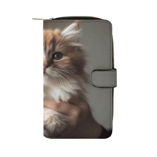 YHEGBFD Geldbörse aus Leder mit niedlichem Kätzchen-Aufdruck, stilvolle Geldbörse mit Reißverschluss, für Männer und Frauen, echtes Leder, Taschengeldbörse, süßes Kätzchen, 19,7 x 11 x 3,5 cm, Cute von YHEGBFD