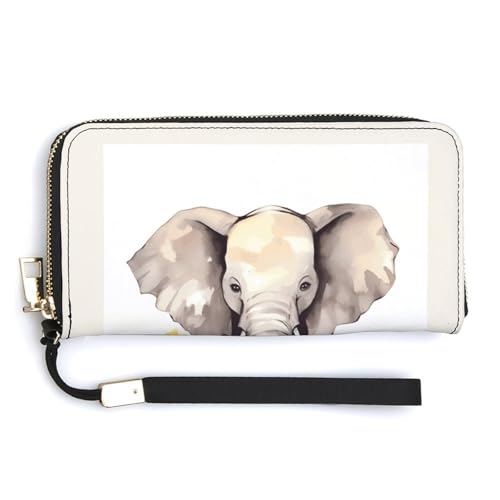 YHEGBFD Ledergeldbörse, Elefanten- und Sonnenblumen-Druck, Damen-Geldbörse, Reise-Geldbörse, Handgelenkschlaufe, lange Geldbörse, Ledergeldbörse mit Reißverschluss, Stil, 20 x 10,5 cm, modern, Stil:, von YHEGBFD