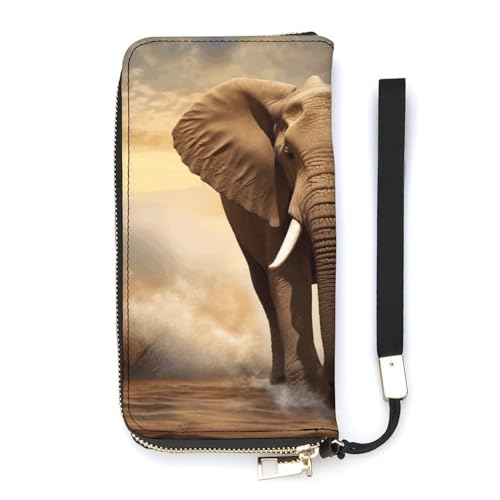 YHEGBFD Ledergeldbörse, Elefanten- und kleiner Elefanten-Druck, Damen-Geldbörse, Reise-Geldbörse, Handgelenkschlaufe, lange Geldbörse, Ledergeldbörse mit Reißverschluss, Stil, 20 x 10,5 cm, modern, von YHEGBFD