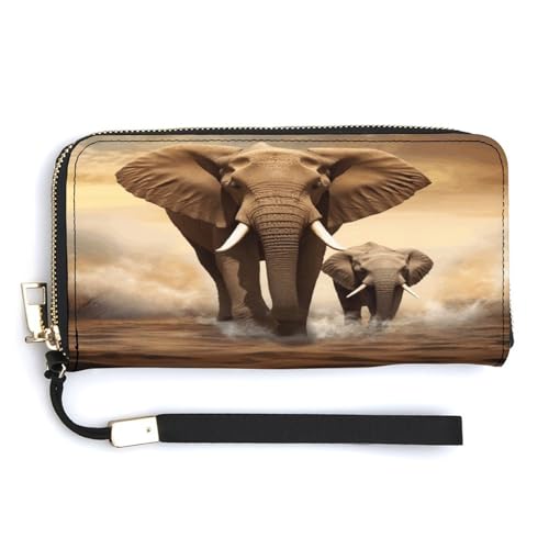 YHEGBFD Ledergeldbörse, Elefanten- und kleiner Elefanten-Druck, Damen-Geldbörse, Reise-Geldbörse, Handgelenkschlaufe, lange Geldbörse, Ledergeldbörse mit Reißverschluss, Stil 32, 20 x 10,5 cm, modern, von YHEGBFD
