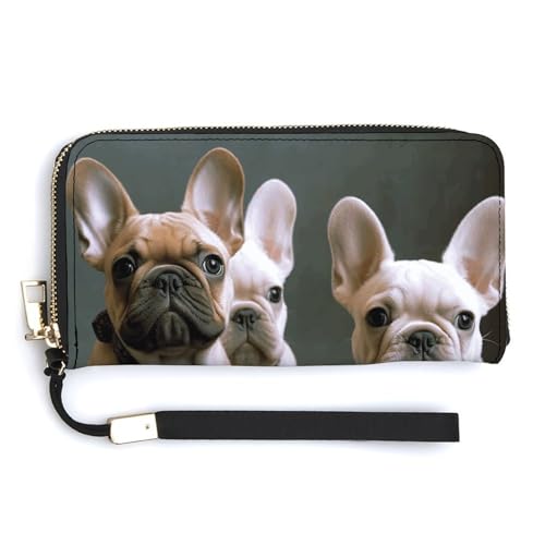 YHEGBFD Ledergeldbörse, französische Bulldogge, Welpen-Druck, Damen-Geldbörse, Reise-Geldbörse, Handgelenkschlaufe, lange Geldbörse, Ledergeldbörse mit Reißverschluss, Stil, 20 x 10,5 cm, modern, von YHEGBFD