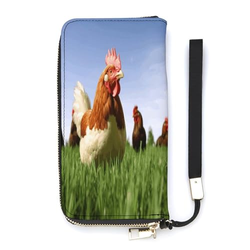 YHEGBFD Ledergeldbörse, lustiger Hühnergras-Druck, Damen-Geldbörse, Reise-Geldbörse, Handgelenkschlaufe, lange Geldbörse, Ledergeldbörse mit Reißverschluss, Stil, 20 x 10,5 cm, modern, Stil:, von YHEGBFD