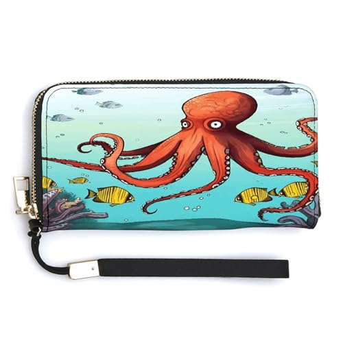 YHEGBFD Ledergeldbörse, riesiger Oktopus-Druck, Damen-Geldbörse, Reise-Geldbörse, Handgelenkschlaufe, lange Geldbörse, Ledergeldbörse mit Reißverschluss, Stil 27, 20 x 10,5 cm, modern, Style-27, von YHEGBFD
