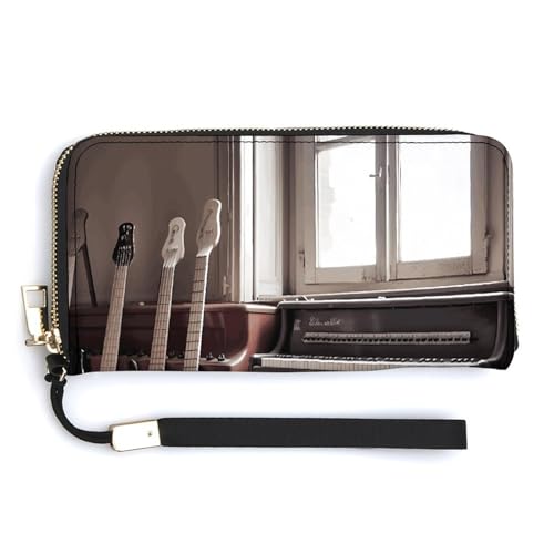 YHEGBFD Ledergeldbörse mit Gitarren- und Bass-Aufdruck, lange Geldbörse mit Handgelenkschlaufe, Ledergeldbörse mit Reißverschluss, 20 x 10,5 cm, modern, Stil:, 20.0*10.5cm, Modern von YHEGBFD