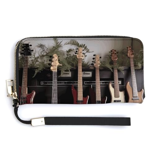 YHEGBFD Ledergeldbörse mit Gitarren- und Bass-Aufdruck, lange Geldbörse mit Handgelenkschlaufe, Ledergeldbörse mit Reißverschluss, 20 x 10,5 cm, modern, Stil:, 20.0*10.5cm, Modern von YHEGBFD