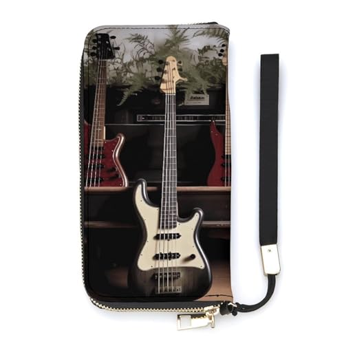 YHEGBFD Ledergeldbörse mit Gitarren- und Bass-Aufdruck, lange Geldbörse mit Handgelenkschlaufe, Ledergeldbörse mit Reißverschluss, 20 x 10,5 cm, modern, Stil:, 20x10.5cm, Modern von YHEGBFD