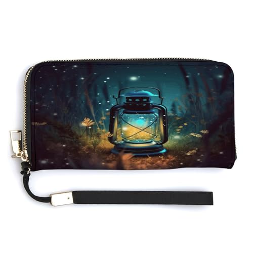 YHEGBFD Ledergeldbörse mit Glühwürmchen und Laternen-Druck, Damen-Geldbörse, Reise-Geldbörse, Handgelenkschlaufe, lange Geldbörse, Ledergeldbörse mit Reißverschluss, Stil 9, 20 x 10,5 cm, modern, von YHEGBFD