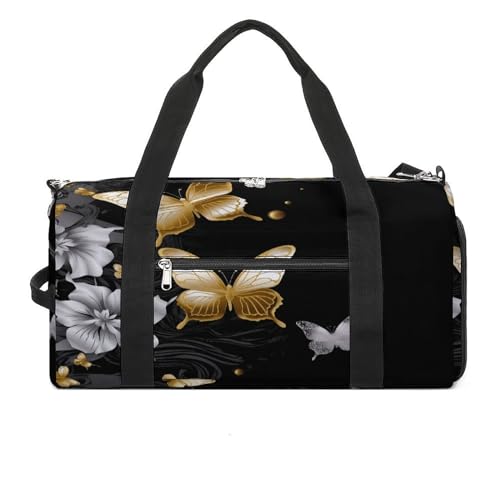 YHEGBFD turnbeutel gold weiß schmetterlinge schwarz turnbeutel für damen herren rucksack turnbeutel mit schuhfach wiederverwendbar turnbeutel mini turnbeutel gold weiß schmetterlinge schwarz one size, von YHEGBFD