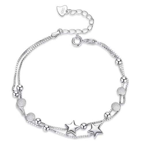 Doppelschichtiges, versilbertes Sternarmband mit runden, mattierten PerlenDamen Armband Layered Armband Doppelt Kette Armband Charms von YHIJSR