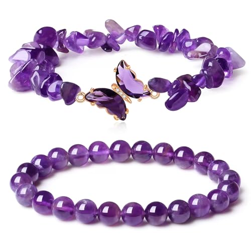 YHNMMNO 2 Sätze Amethyst Perlen Armband Damen Heilstein Armband Schmetterlingsform Edelsteine Armbänder Kugeln Splitterarmband Elastische Armbänder Geschenk für Frauen von YHNMMNO