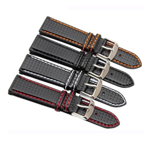 YHNNH, Carbonfaser-Uhrenarmband aus echtem Leder for Herren mit silberner Schließe(Black with orange,20mm) von YHNNH
