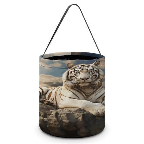 YHNNH Halloween-Süßigkeitenkorb, Tragetasche, Strandfarben, Kieselsteine, wiederverwendbar, Polyestergewebe, Halloween-Leckerlibeutel, Tragetasche für Partygeschenke, Majestätischer Tiger ruht auf YHNNH Halloween-Süßigkeitenkorb, Tragetasche, Strandfarben, Kieselsteine, wiederverwendbar, Polyestergewebe, Halloween-Leckerlibeutel, Tragetasche für Partygeschenke, Majestätischer Tiger ruht auf von YHNNH