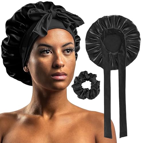 1 Set Satin-Haube, Seiden-Schlafhauben für Damen, Haarhaube mit Bindeband, verstellbare Satin-Nachtschlafkappe, weiches elastisches Band, Seidenhauben für lockiges Haar (ein Hut und ein Haarband) von YHQZ