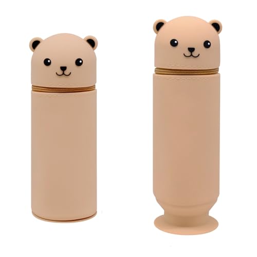 Kawaii Federmäppchen Mäppchen Mädchen Junge 2-in-1 Weiche Silikontasche, Stand Up Federmäppchen, Tier Stifthalter, Tischstifthalter Cartoon, Stifte Mäppchen,Stifthalter Bleistifttasche (Braunbär) von YHSKJCD