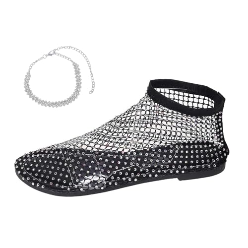 Sehr bequeme, glänzende Netz-Flats mit Edelsteinen, glitzernde, dehnbare Netzschuhe, atmungsaktives Netz, Ballerinas für Damen, Schwarz , 40.5 EU von YHTRFD