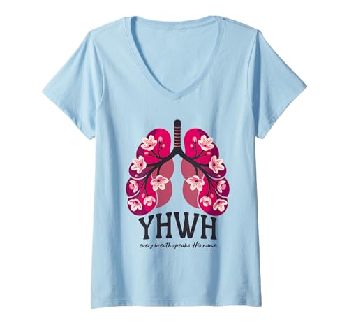 Damen JHWH Lungen Jeder Atemzug spricht seinen Namen Christlicher Therapeut T-Shirt mit V-Ausschnitt von YHWH Floral Lungs Christian Faith Based Yahweh