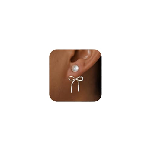 Perlenschleifenohrringe für Damen, goldene Schleifen-Ohrringe, einfache Schleife, Ohrringe, Geburtstag, Feiertage, hypoallergener Schmuck, Medium size, Metall, Kein Edelstein von YHWQYR