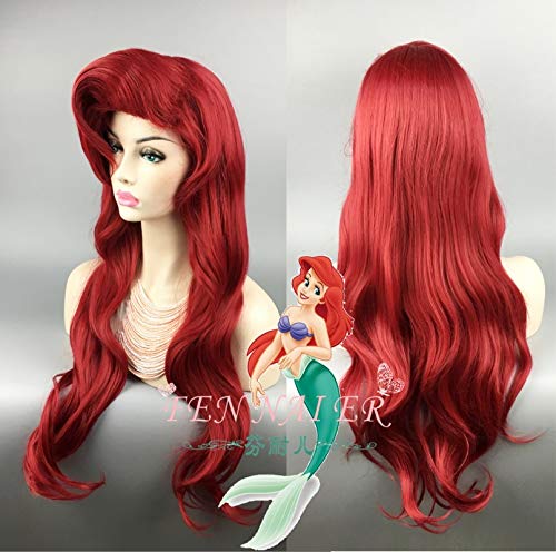 Halloween Frauen Wurf Meerjungfrau Cosplay Perücke Pincess Ariel Rot Welliges Haar Rollenspiel Rot Gestaltete Perücke Mit Seestern Haarnadel von YHWW