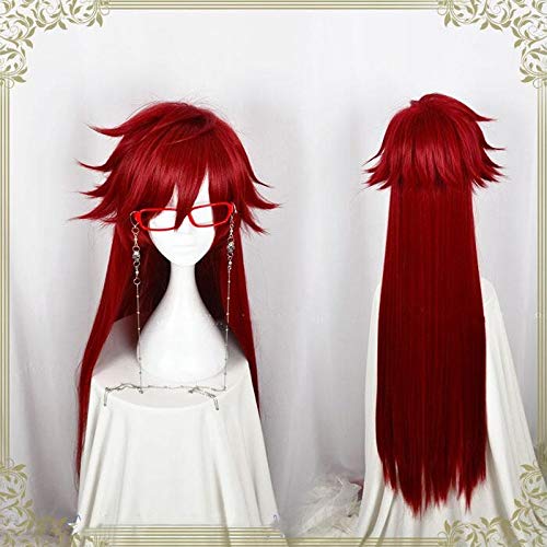 Kuroshitsuji Schwarz Butler Grell Sutcliff Rot Lang Gerade Hitzebeständig Haar Cosplay Kostüm Perücke Ohne Schädelkette Brille von YHWW