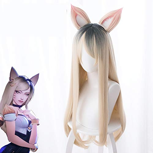 Spielcharakter Kda K/Da Ahri Mv Typ Cosplay Perücken 70Cm Mit Ohren Kda Hitzebeständiges Kunsthaar Perucas Cosplay Fox Perücke von YHWW