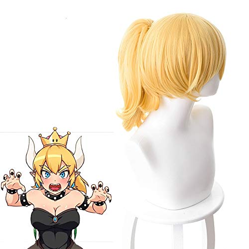 Super Mario Bowsette Prinzessin König Boo Pferdeschwanz Blond Lockig Hitzebeständig Synthetisches Haar Cosplay Prop Halloween + Kostenlose Perückenkappe von YHWW