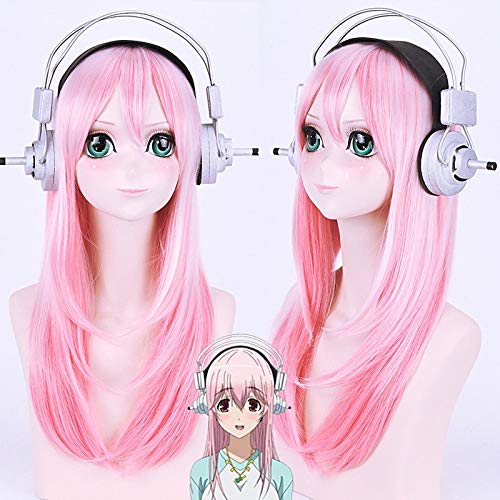 Super Sonico Cosplay Perücken 80cm lang, gerade, hellrosa, hitzebeständig, synthetisch für Frauen, Mädchen, Kunsthaar + Kopfhörer von YHWW
