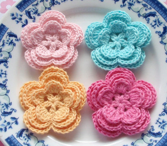 4 Häkelblumen in Lt Pink, Gelb, Aqua, Bubblegum Pink Yh-008-04 4 Häkelblumen in Lt Pink, Gelb, Aqua, Bubblegum Pink Yh-008-04 von YHcrochet