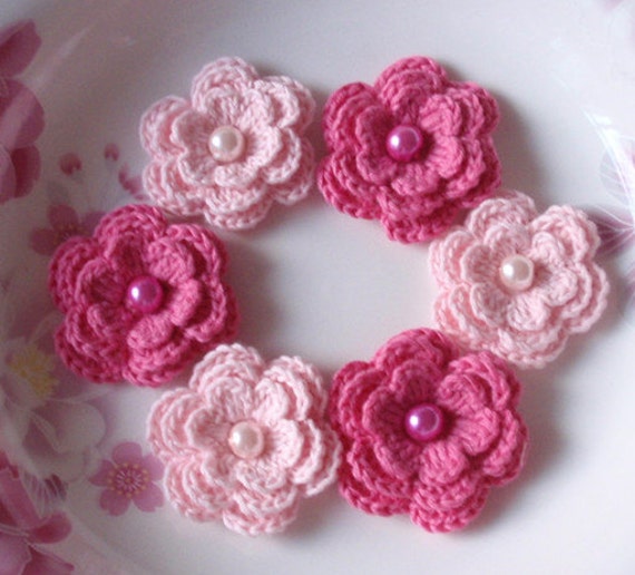 6 Häkelblumen Mit Perlen in Lt Pink, Bubblemgum Pink Yh-011-16 6 Häkelblumen Mit Perlen in Lt Pink, Bubblemgum Pink Yh-011-16 von YHcrochet