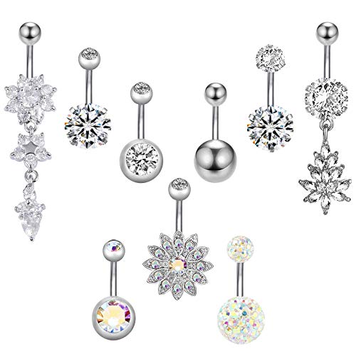 YHmall 9 Stück Edelstahl Zirkon Bauchnabel Bauchnabelpiercing Bauch Piercing Nabelring Schmuck für Damen,9 Stile (Silber) MEHRWEG von YSense