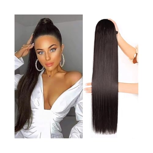 Pferdeschwanz Haarteil Lange, glatte Pferdeschwanz-Extensions mit Kordelzug, Nr. 2, dunkelbraun, Echthaar, Pferdeschwanz for Anklipsen, Haarteil for Frauen Ponytail Extension(18inches) von YHxFlux