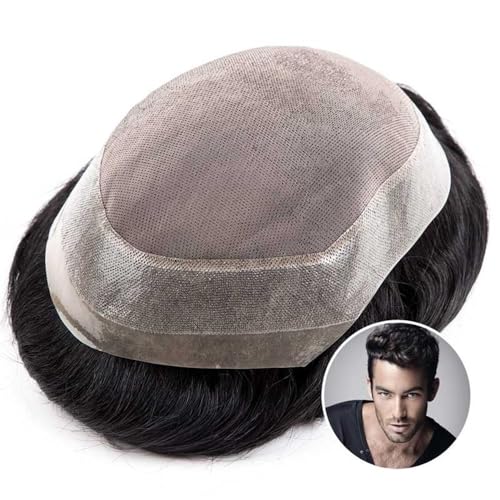 Toupet für Männer Toupet for Männer Indisches Feines Mono mit breiter PU-Hautbasis Echthaar Männliche Haarprothese Herren Haarteile(1B#,6x8) von YHxFlux