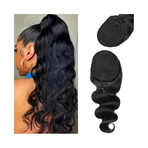YHxFlux Pferdeschwanz Haarteil Body Wave Kordelzug Pferdeschwanz Echthaar Extensions 12A Brasilianisches Remy 100% Echthaar Pferdeschwanz for Frauen Natürliche Farbe Ponytail Extension(20inches) von YHxFlux