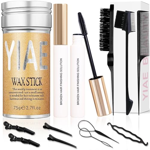 YIAE Hair Wax Stick Set, Haarwachs Stick mit 2 Haargel Frauen fur Babyhaare Fixieren mit Sleek Bun Bürste Set, Haarstyling Produkte mit Nicht Fettender Pomade haarwax für Flyaways Rand Frizz Haar von YIAE